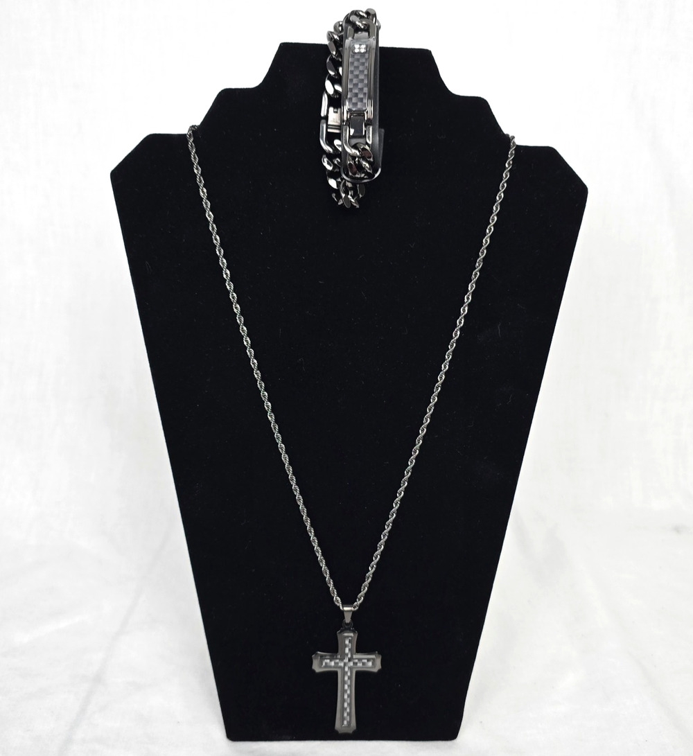 Stainless Steel 26" Necklace & 8.5" Bracelet Set Cross Pendant Inlay Gunmetal